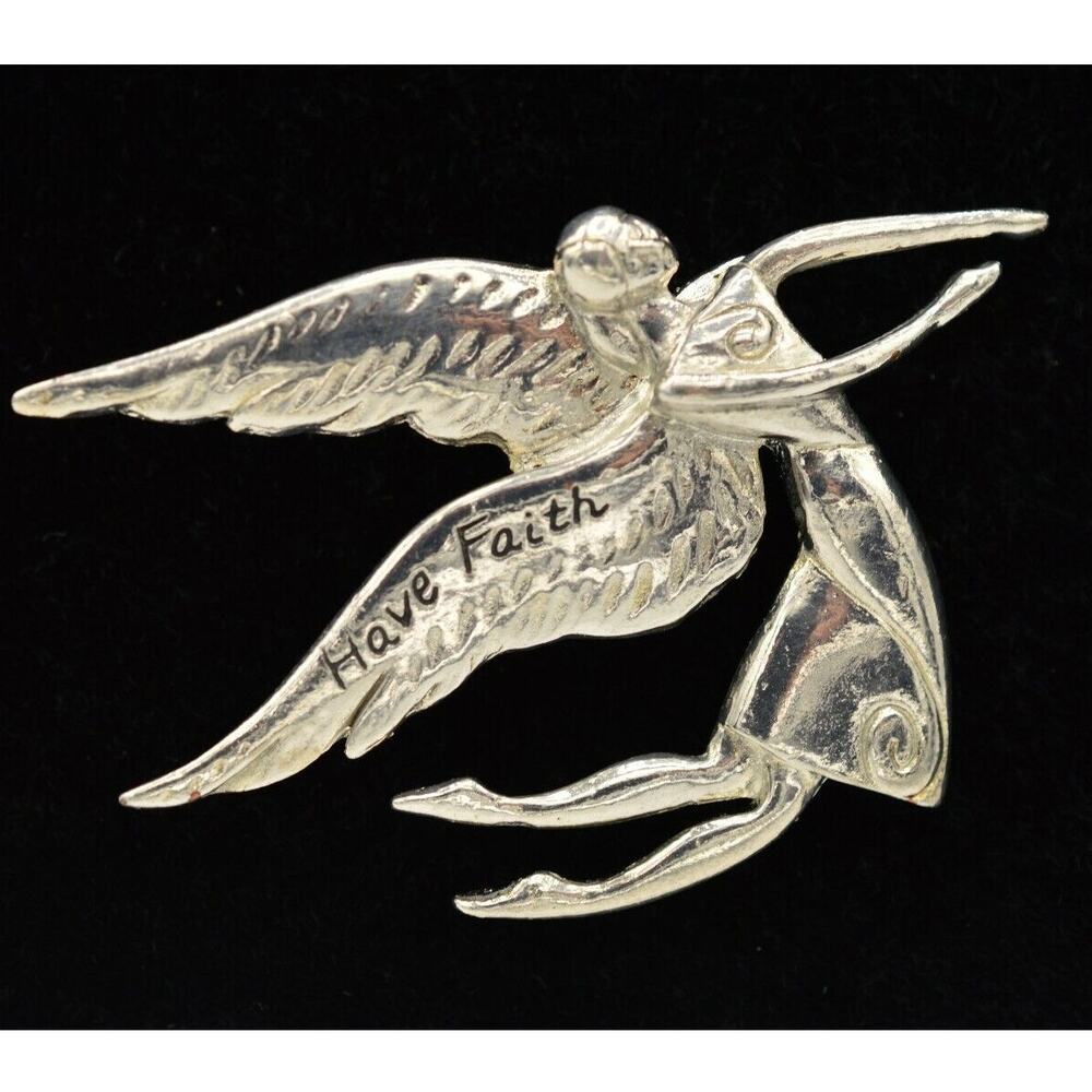 Vintage Guardian AngelPin Brooch Pendant  Silver Have Faith Wings 1990s BinF